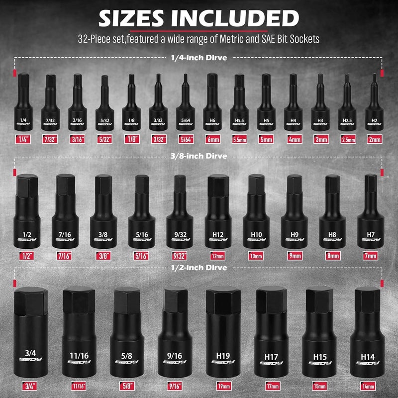 SEDY Hex Bit Impact Socket Set: 36-Piece with 4 Adapters, 1/4" 3/8" 1/2" Drive Master Allen Impact Socket Set, SAE and Metric, H5-H19 & 3/4"-5/64", Heavy Duty Storage Case, Automotive Mechanic - Image 2